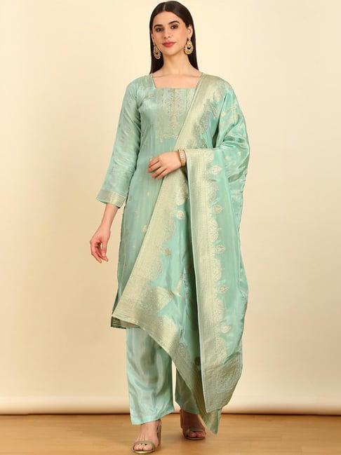 soch womens sap green zari woven silk blend unstitched dress material