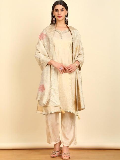 soch womens cream zari woven silk blend unstitched dress material