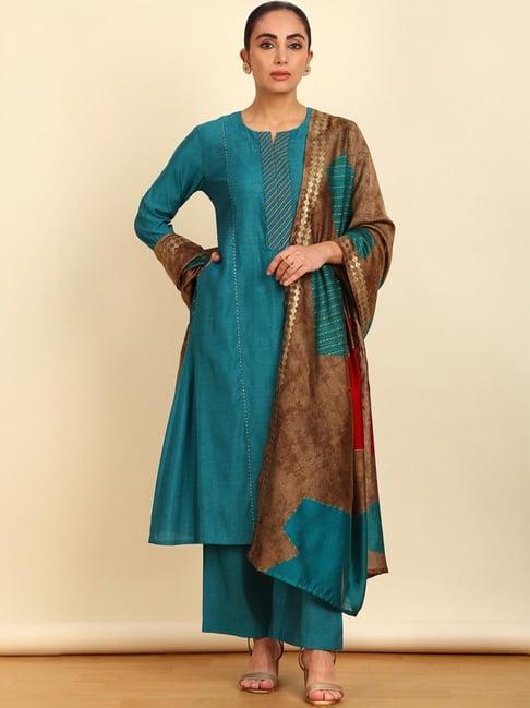 soch womens teal ethnic print notched neck muslin blend suit set