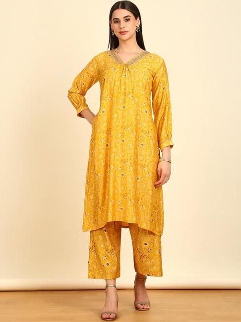 soch womens mustard floral print muslin blend co-ord set with sequins