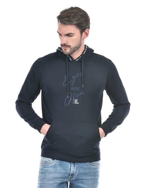 lawman navy blue cotton regular fit printed hooded sweatshirts