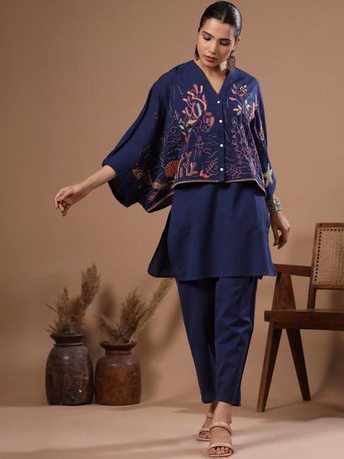 fashor blue cotton embroidered kaftan top pant set with inner