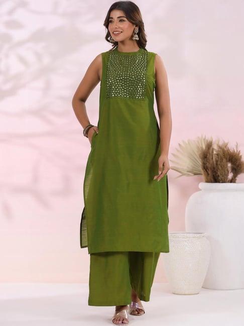 fashor green embellished kurta palazzo set