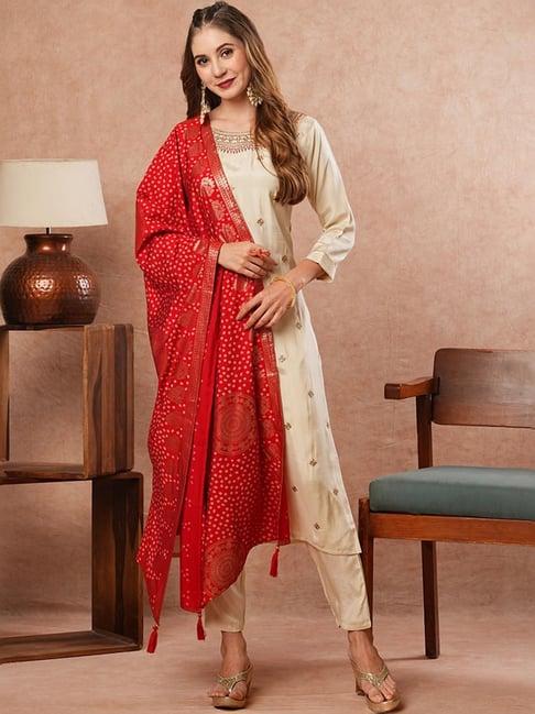 fashor cream embellished kurta pant set with dupatta