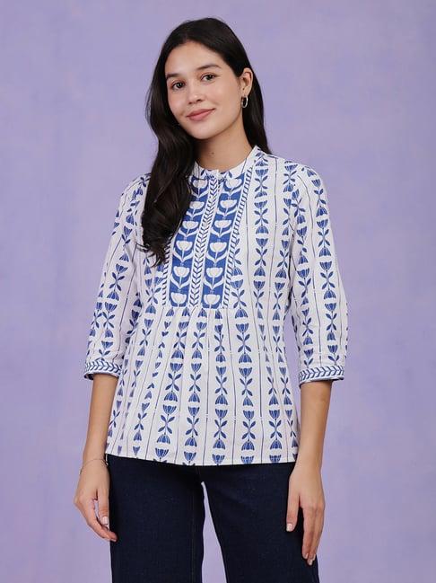 pink fort white & blue cotton printed top