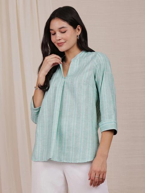 pink fort light blue cotton striped top