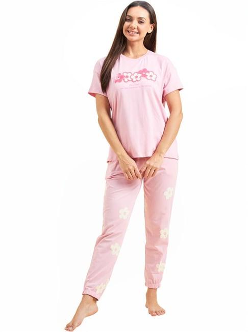 sweet dreams pink cotton floral print t-shirt joggers set