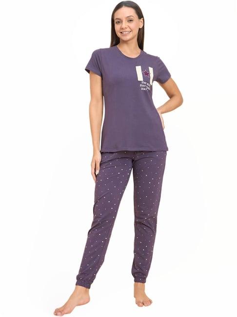 sweet dreams purple cotton printed t-shirt joggers set