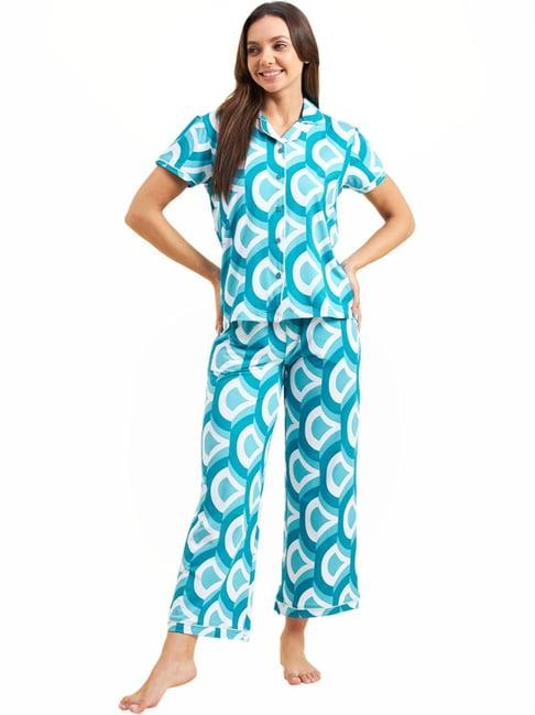 sweet dreams teal blue printed shirt pyjama set