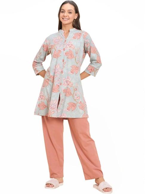 sweet dreams green & peach cotton floral print kurti pyjama set