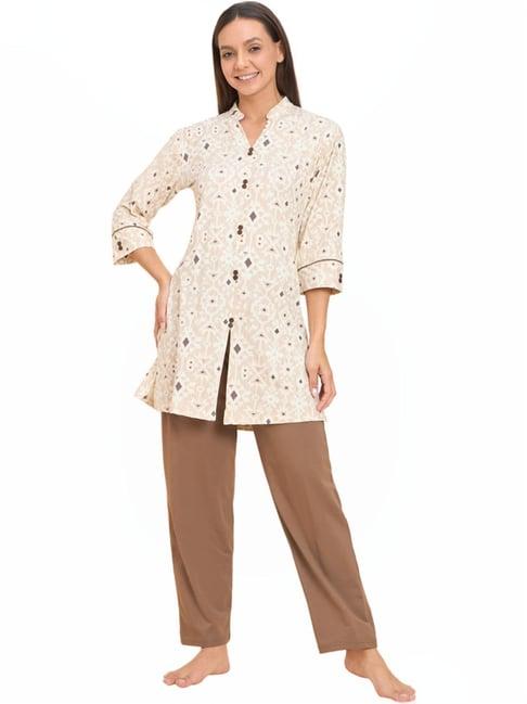 sweet dreams beige & brown cotton printed kurti pyjama set