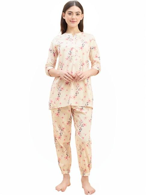 sweet dreams beige cotton floral print kurti joggers set