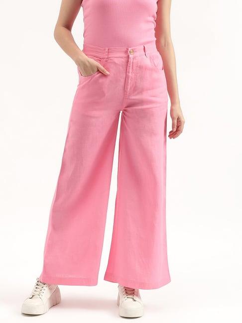 united colors of benetton pink linen regular fit mid rise trousers