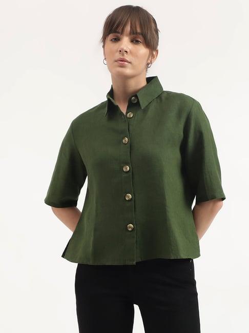 united colors of benetton green linen regular fit shirt