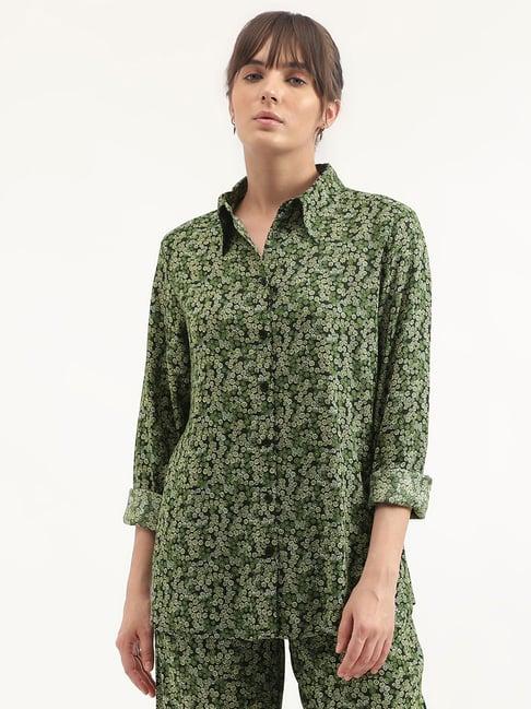 united colors of benetton black & green floral print shirt