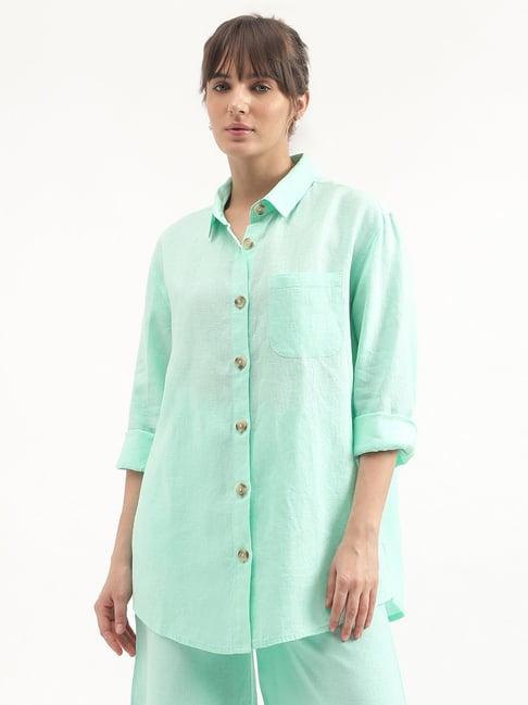 united colors of benetton mint green linen regular fit shirt