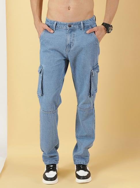 thomas scott light blue relaxed fit lightly washed cargo jeans