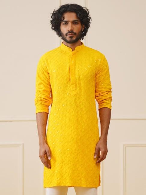 jompers yellow cotton regular fit chikankari kurta