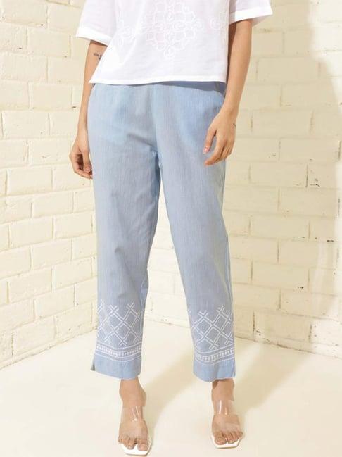 fabindia blue cotton embroidered pants