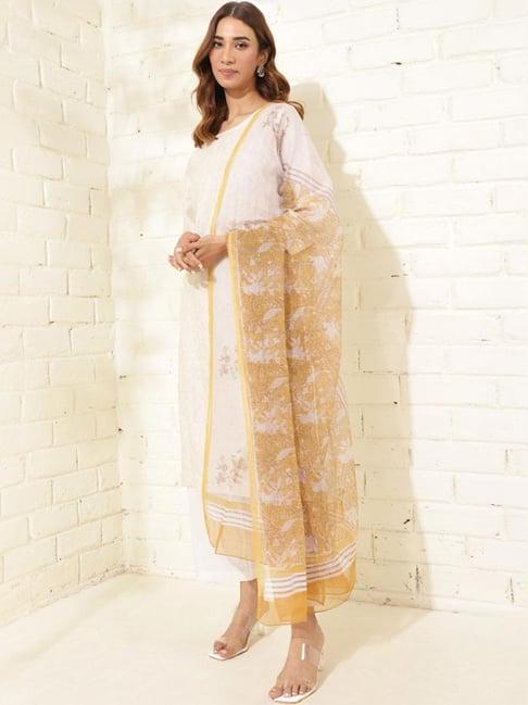 fabindia white & yellow floral print dupatta