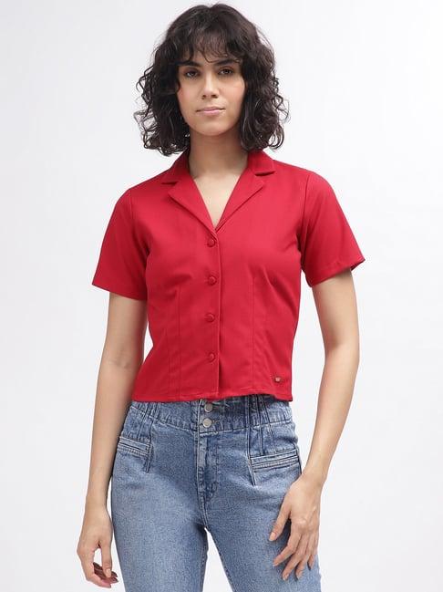 elle red cotton regular fit crop shirt