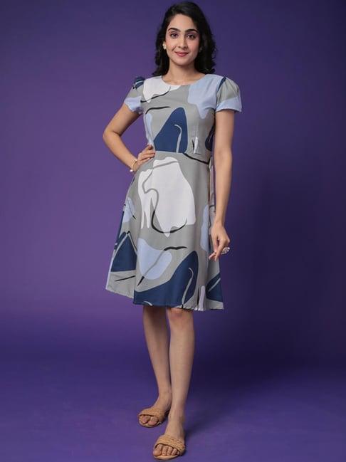 zari jaipur blue cotton printed a-line dress