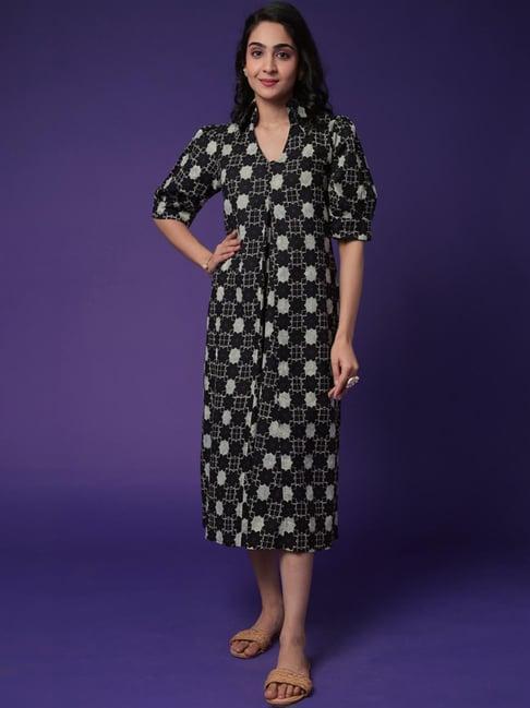 zari jaipur black cotton printed a-line dress