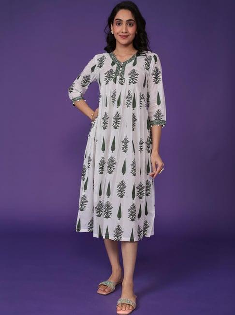 zari jaipur white & green cotton printed a-line dress