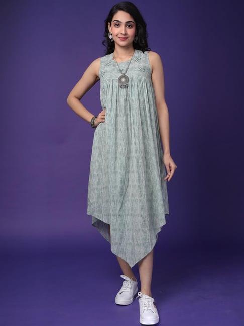 zari jaipur green cotton printed a-line dress