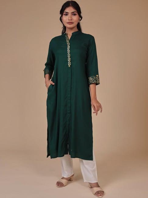 zari jaipur green printed straight kurta