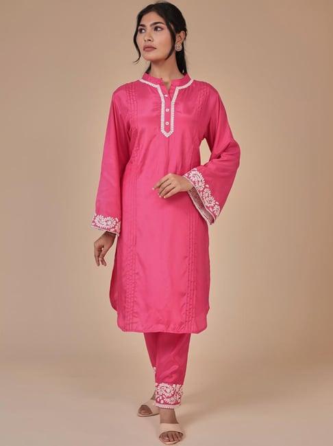 zari jaipur pink embroidered kurti pant set