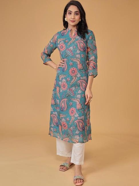 zari jaipur blue & white linen printed kurta pant set