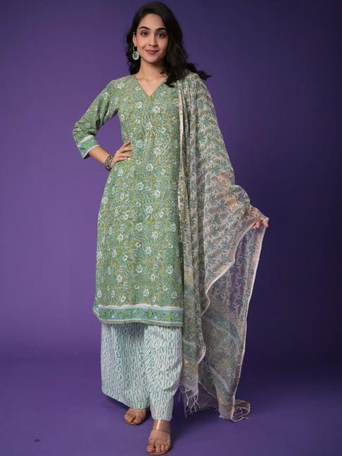 zari jaipur green cotton printed kurta palazzo set with dupatta