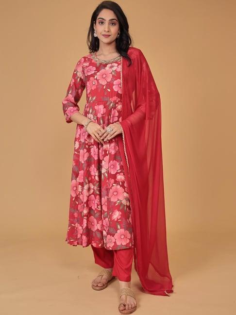 zari jaipur red printed kurta pant set with dupatta