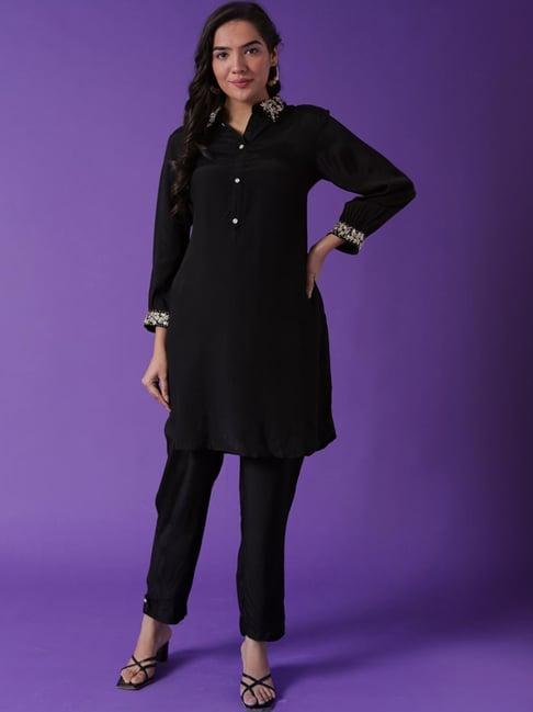 zari jaipur black embellished kurti pant set