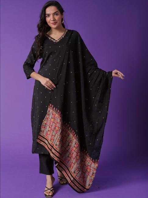 zari jaipur black embellished kurta pant set with dupatta