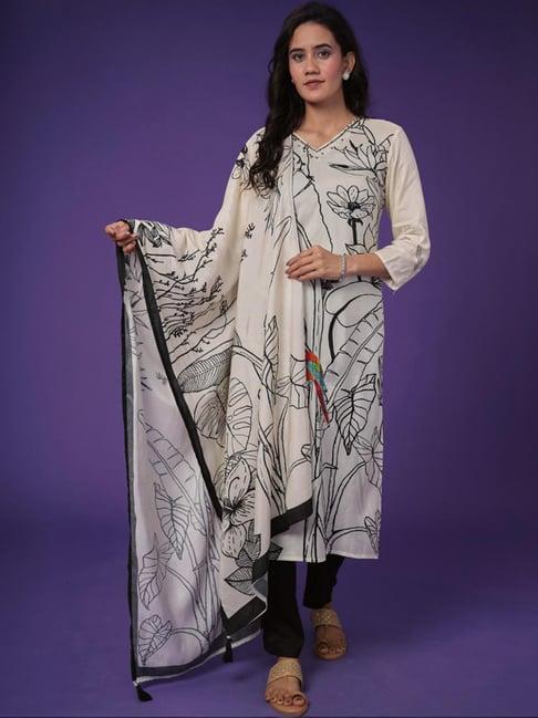 zari jaipur white & black printed kurta pant set with dupatta