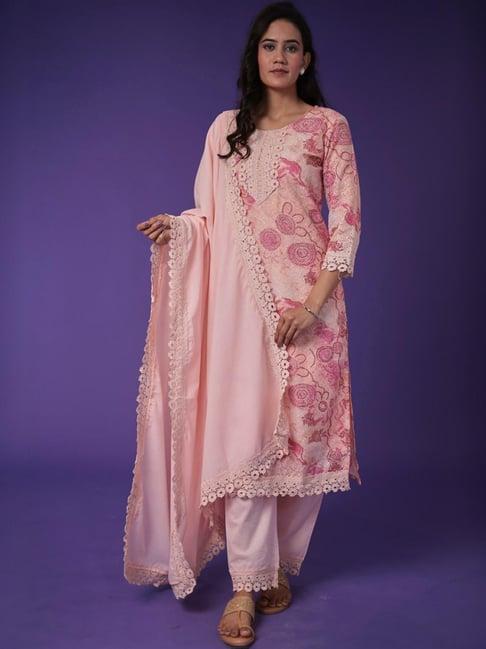 zari jaipur pink printed kurta pant set with dupatta