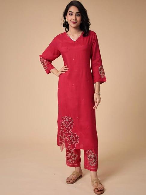 zari jaipur red embellished kurta pant set