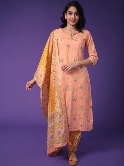 zari jaipur peach & yellow cotton printed kurta salwar set with dupatta