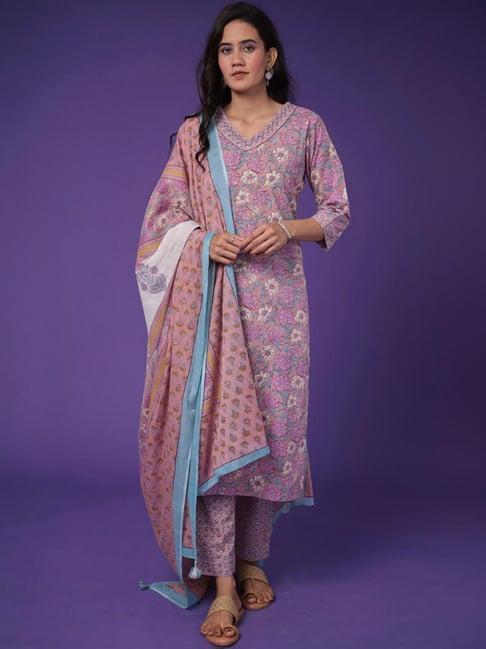 zari jaipur purple cotton printed kurta pant set with dupatta