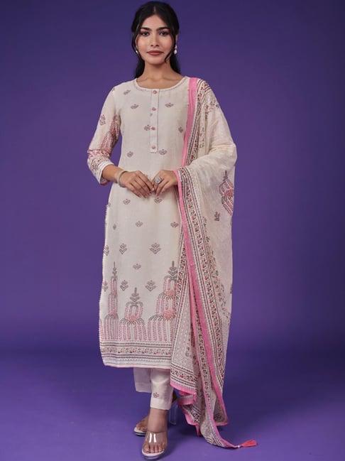 zari jaipur cream printed kurta pant set with dupatta