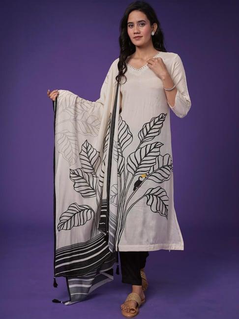 zari jaipur white & black printed kurta pant set with dupatta