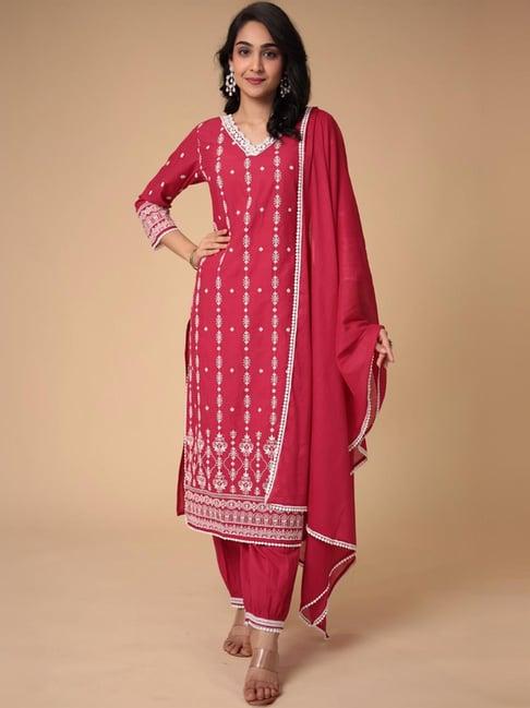 zari jaipur pink cotton embroidered kurta salwar set with dupatta