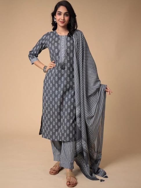 zari jaipur grey cotton printed kurta pant set with dupatta