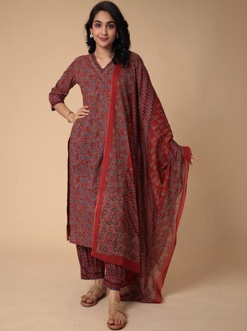 zari jaipur maroon cotton printed kurta salwar set with dupatta