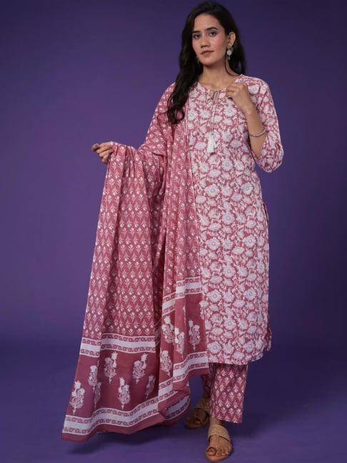 zari jaipur pink cotton printed kurta pant set with dupatta