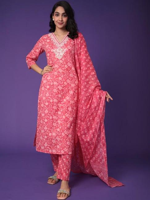 zari jaipur pink cotton printed kurta pant set with dupatta