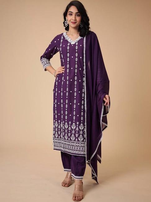 zari jaipur purple cotton embroidered kurta salwar set with dupatta