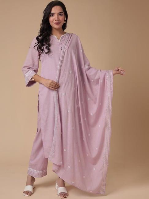 zari jaipur purple linen chequered kurta pant set with dupatta